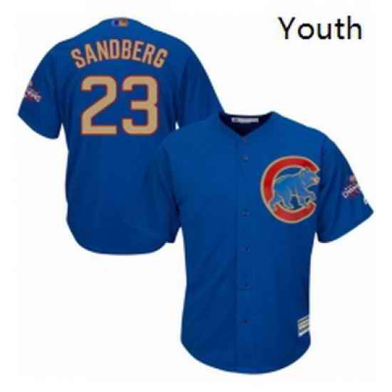 Youth Majestic Chicago Cubs 23 Ryne Sandberg Authentic Royal Blue 2017 Gold Champion Cool Base MLB Jersey